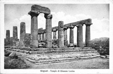 Postcard depicting the Temple of Juno, Girgenti, Sicily.  The text of the postcard reads "Girgenti&mdash;Templo di Giunone Lucina".